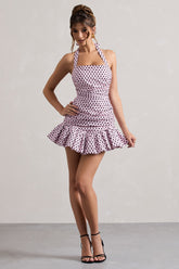 Pink & Black Polka Dot Halter-Neck Ruched Mini Dress With Ruffle Hem